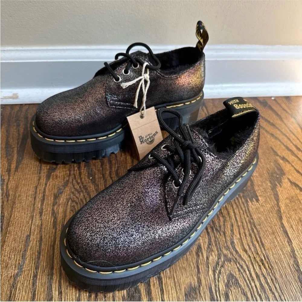 NWT Dr Martens 1461 Platform Shoes Faux Fur Lined Metallic Leather Shiny Women’s